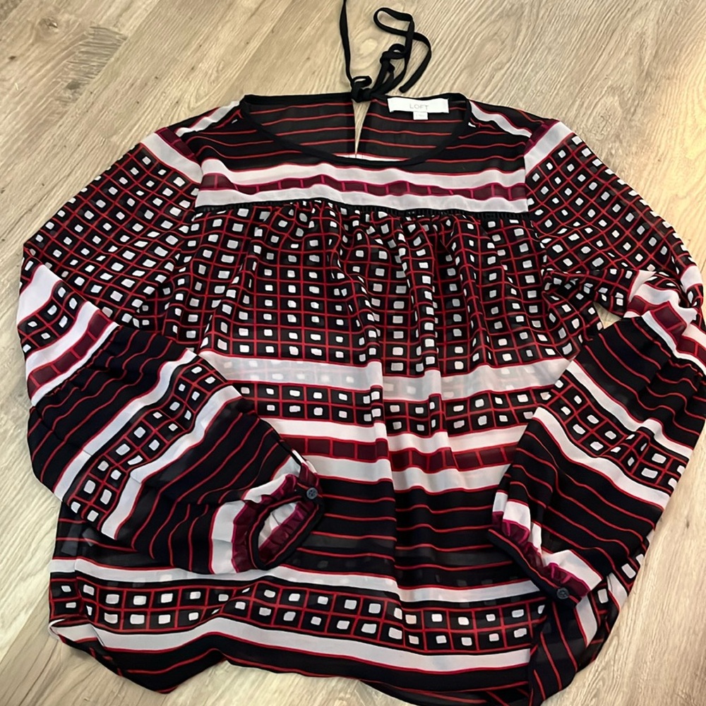 Loft geometric striped print blouse red black size small